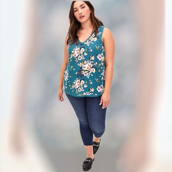 TORRID Teal Floral Georgette Raw Chiffon Trim Tank Top 4X - Picture 8 of 14